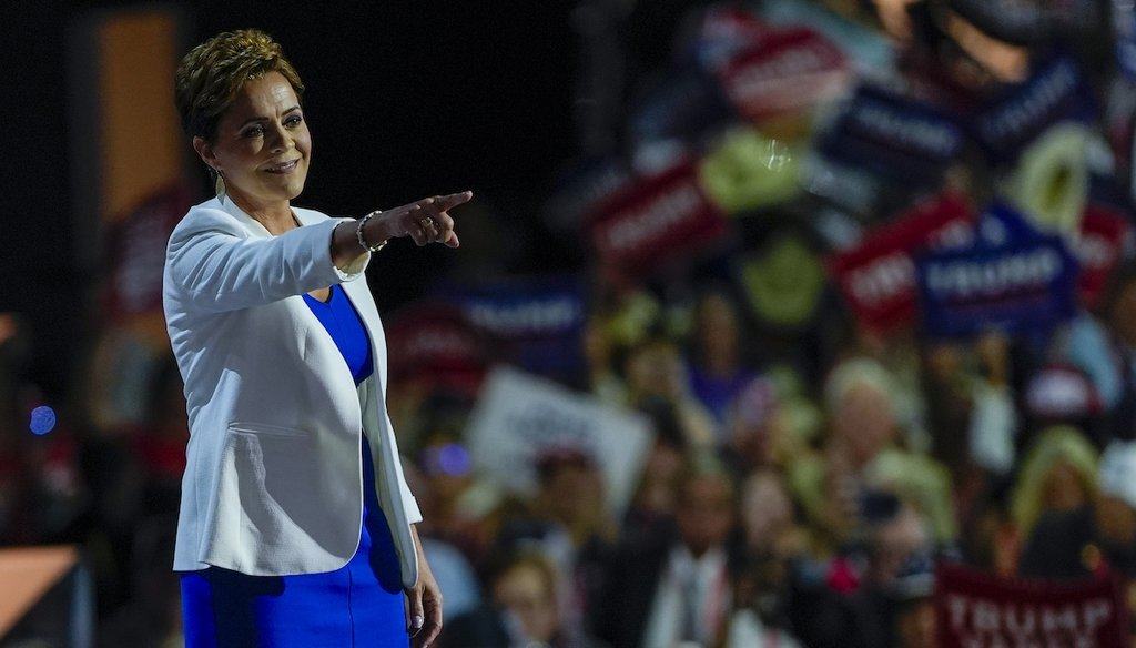 Kari Lake a U.S. Senate candidate from Arizona, speaks July 16, 2024, during the Republican National Convention in Milwaukee. (AP)