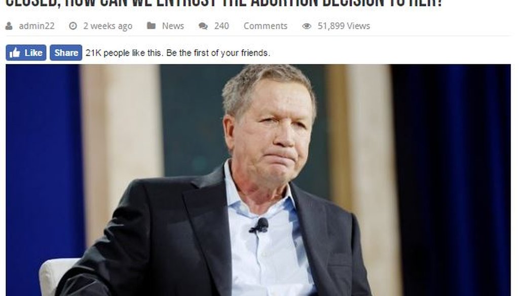 The website WalkWithHer.com repurposed a story about Ohio Gov. John Kasich making a misogynistic statement after actions on abortion bills, but the story was from a parody site.