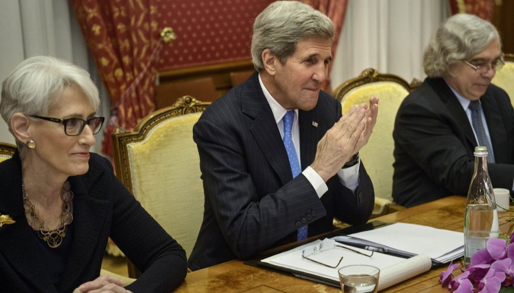 Under Secretary for Political Affairs Wendy Sherman, U.S. Secretary of State John Kerry and U.S. Secretary of Energy Ernest Moniz wait for a meeting with the Iranians in Switzerland on March 29, 2015.