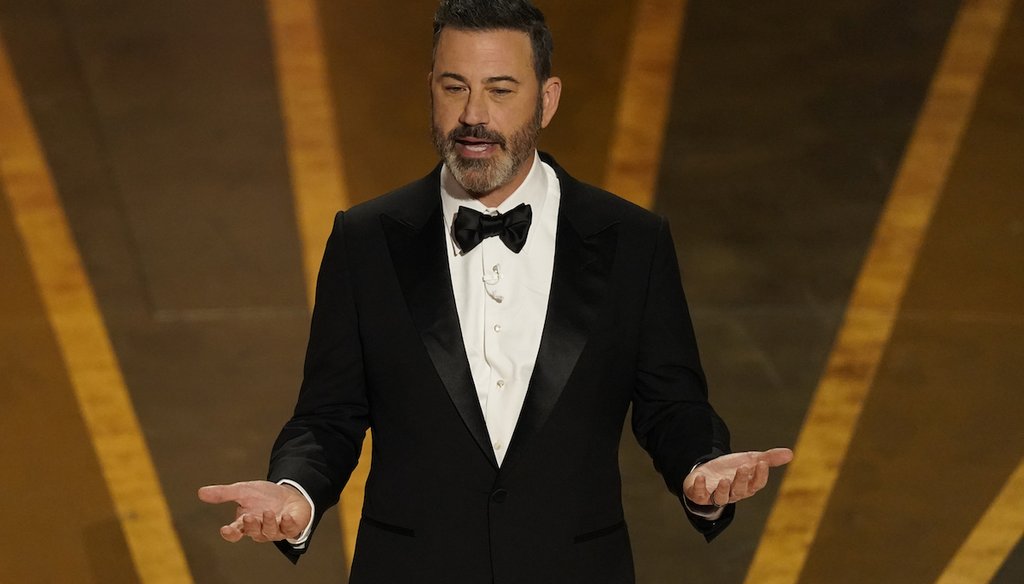 Host Jimmy Kimmel speaks at the Oscars on March 12, 2023. (AP)