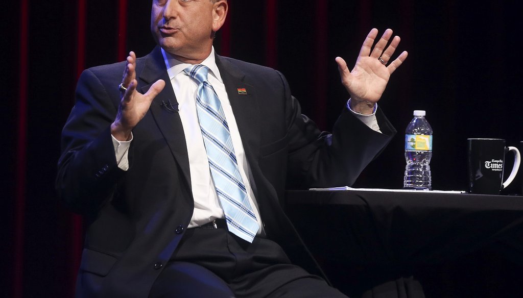 Incumbent Mayor Rick Kriseman and former Mayor Rick Baker debate in front of a live television audience during the City of St. Petersburg Mayoral Debate at the Palladium Theater in St. Petersburg on July 25, 2017. (DIRK SHADD | Times)