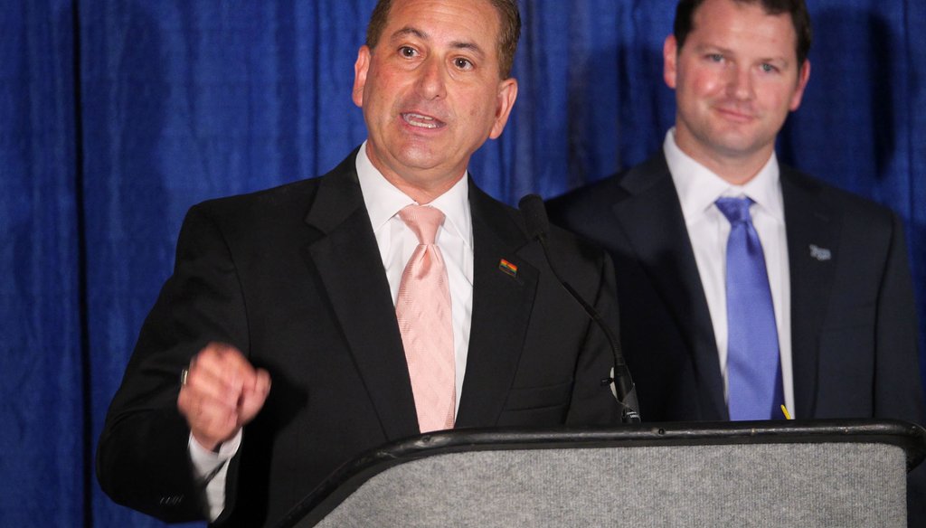 Rick Kriseman and Rays president Brian Auld discuss their plan Dec. 9, 2014, to allow the Rays to search for a new stadium site. (Maurice Rivenbark/Tampa Bay Times)
