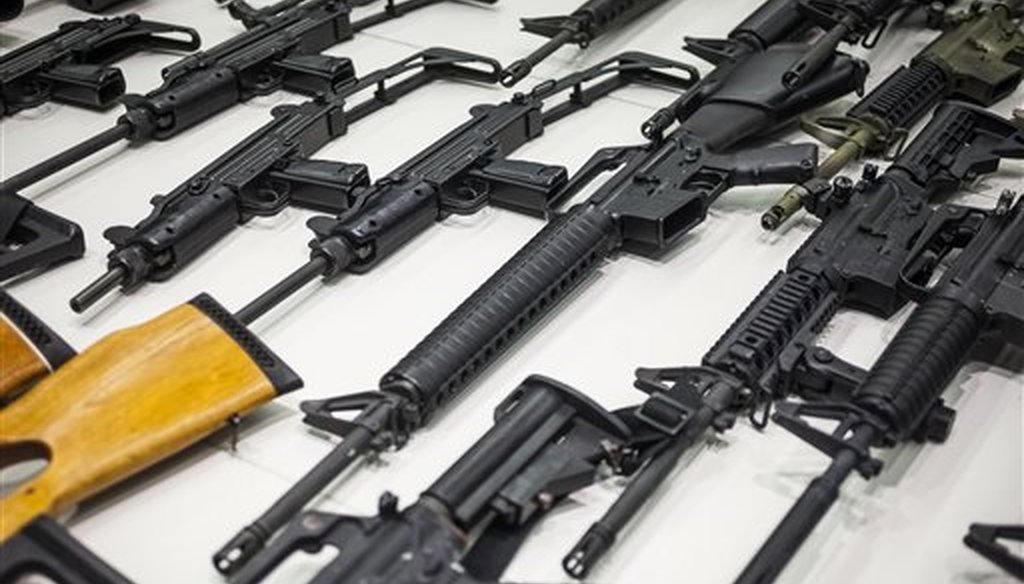 Some of the weapons collected in Wednesday's Los Angeles Gun Buyback event are showcased Thursday, Dec. 27, 2012 during a news conference at the LAPD headquarters in Los Angeles. (AP)