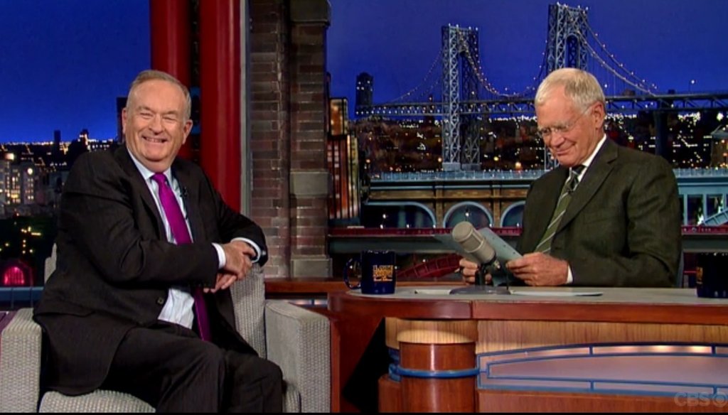 Bill O'Reilly says David Letterman's "Late Show" gets a ratings boost when O'Reilly is a guest. Screenshot of CBS video.