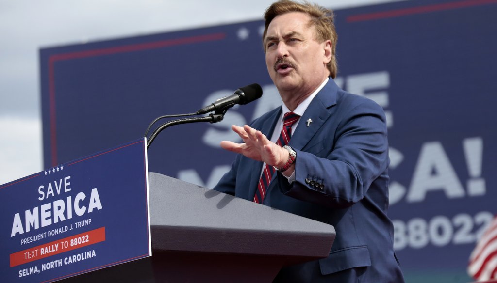 MyPillow CEO Mike Lindell speaks at a rally for former President Donald Trump, April 9, 2022, in Selma, N.C. (AP Photo/Chris Seward)