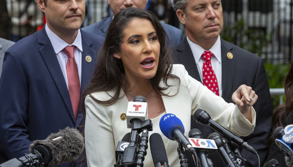 Rep. Anna Paulina Luna, R-Fla., speaks outside the hush money criminal case of former president Donald Trump in New York on May 16, 2024. (AP)