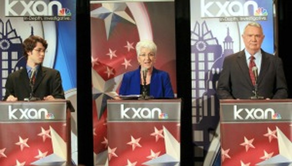 Austin mayoral candidates Clay Dafoe, Brigid Shea and Lee Leffingwell debate April 16, 2012. Jay Janner photo/Austin American-Statesman