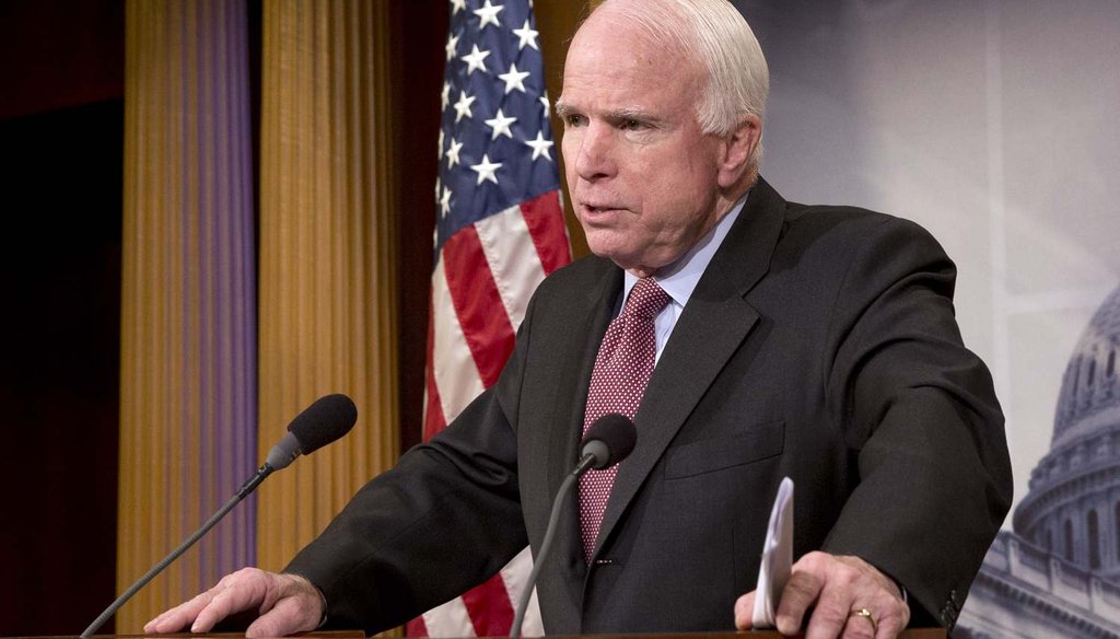 Sen. John McCain, R-Ariz., discusses the federal prison at Guantanamo Bay, Cuba, Tuesday, Jan. 13, 2015, during a news conference. (AP Photo/Jacquelyn Martin)