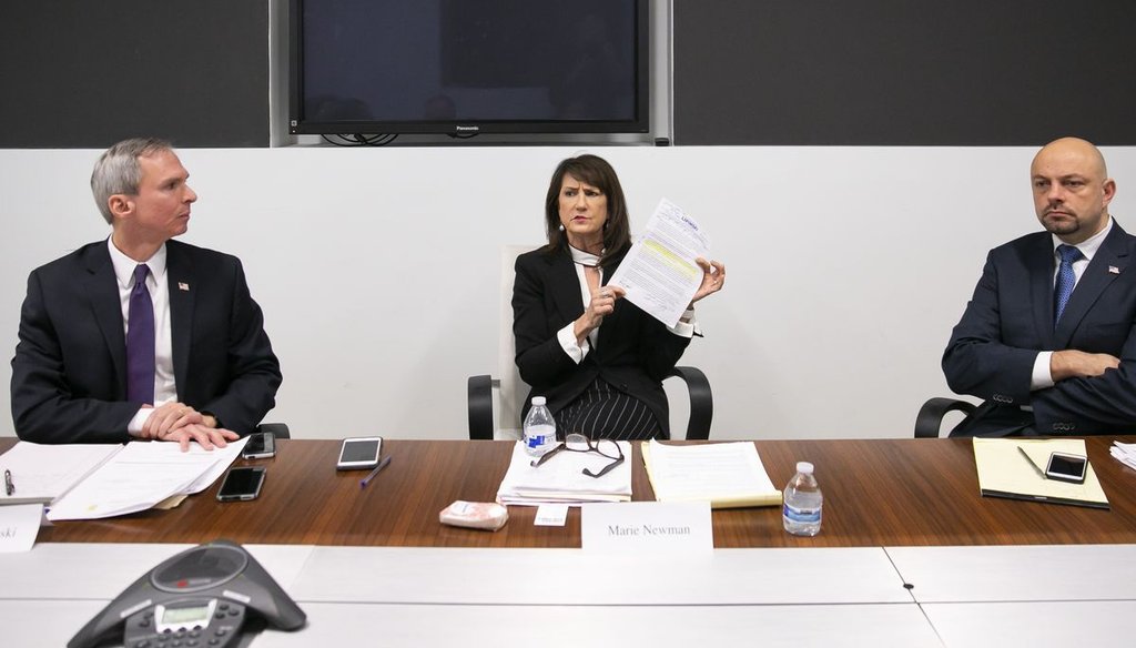 From left, Daniel Lipinski, 3rd Congressional District candidate and incumbent, and his opponents, Marie Newman and Rush Darwish, met with the Chicago Sun-Times Editorial Board Wednesday, Jan. 22, 2019. | Rich Hein/Sun-Times