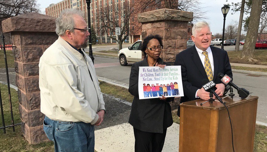 Assemblyman Kearns held a press conference outside the Buffalo Psychiatric Center to protest the move of children to the facility. (Matt Gryta/Buffalo News)