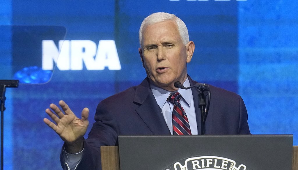 Former Vice President Mike Pence speaks April 14, 2023, at the National Rifle Association Convention in Indianapolis. (AP)