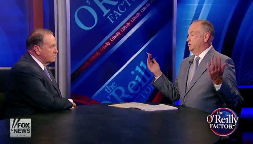Bill O'Reilly grills GOP presidential candidate Mike Huckabee about his controversial remarks comparing the Iran nuclear deal to the Holocaust in a July 27, 2015, episode of "The O'Reilly Factor." (Screenshot)