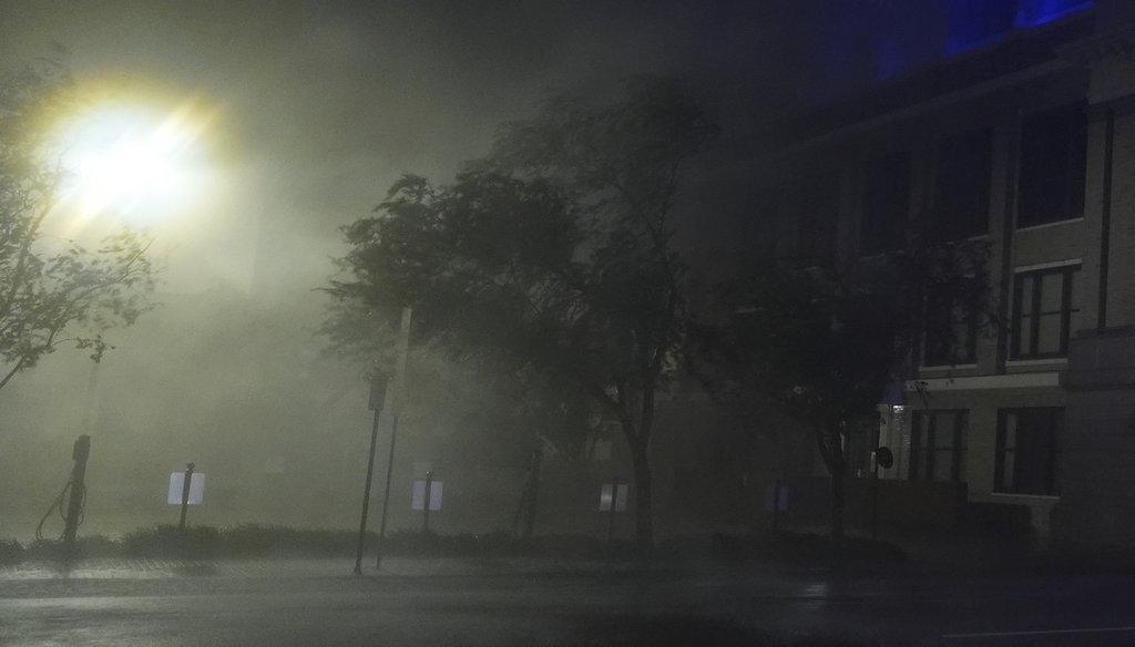 Wind-driven rain soaks a street in downtown Tampa, Fla., Oct. 9, 2024, as Hurricane Milton passes through. (AP)