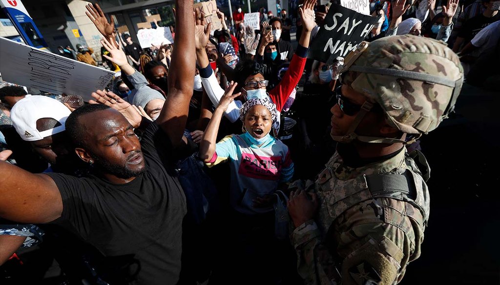 Protesters encounter the Minnesota National Guard on May 29, 2020, in Minneapolis. (AP)