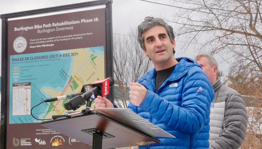 Miro Weinberger announces the completion of a bike path in Burlington in 2017. Photo by Cory Dawson/VTDigger
