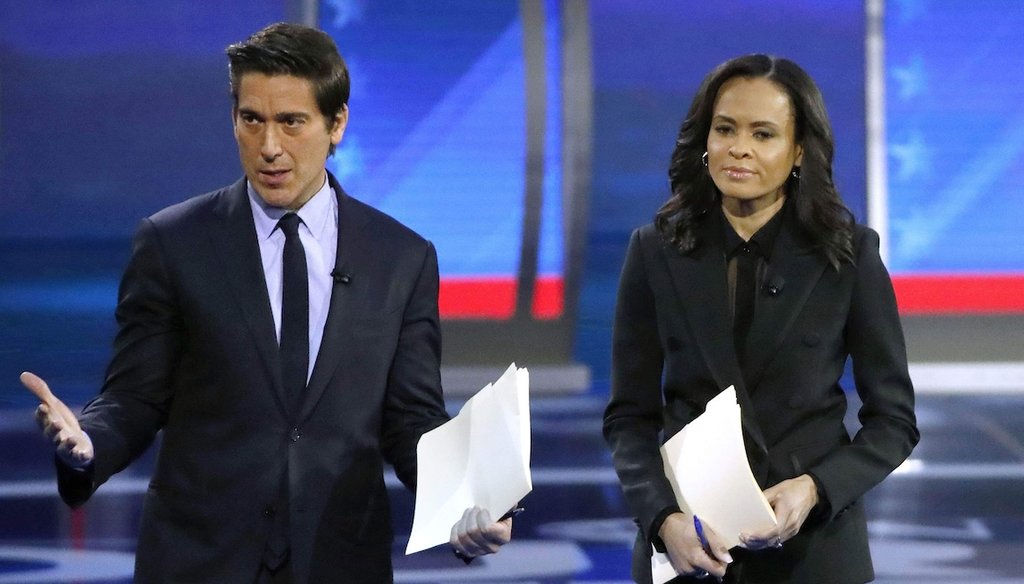 ABC World News Tonight Anchor David Muir, left, addresses members of the audience while standing with ABC News Live Anchor Linsey Davis Feb. 7, 2020 in Manchester, N.H.