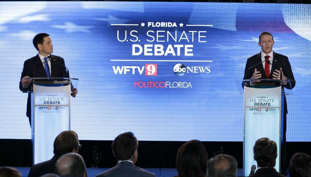U.S. Sen Marco Rubio and U.S. Rep. Patrick Murphy debate on Oct. 17, 2016, at the University of Central Florida in Orlando. (AP photo)