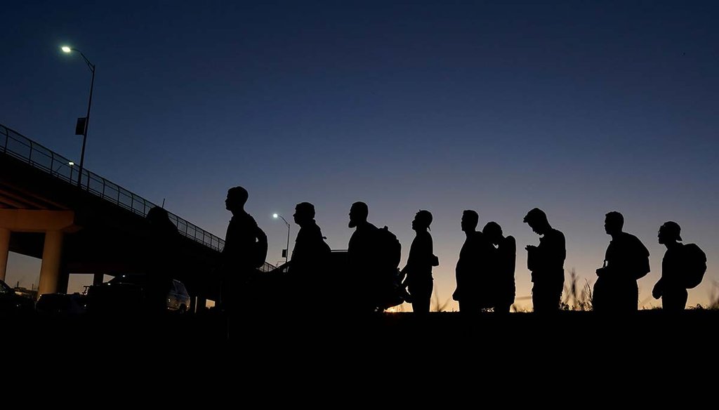 Migrants who crossed the Rio Grande and entered the U.S. from Mexico are lined up Sept. 23, 2023, for U.S. Customs and Border Protection processing in Eagle Pass, Texas. (AP)