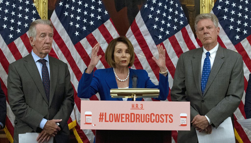 In this 2019 photo, House Speaker Nancy Pelosi, accompanied by Rep. Richard Neal, D-Mass., left, and Rep. Frank Pallone, D-N.J., speaks about the Lower Drug Costs Now Act in Washington. (AP)