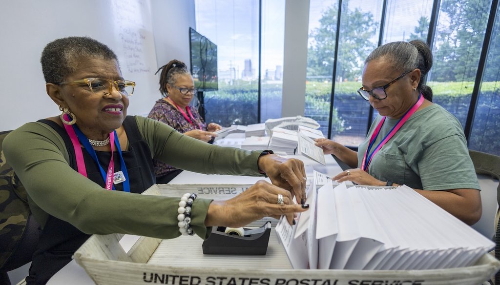 From left, Carol Hamilton, Cristo Carter and Cynthia Huntley prepare ballots Sept. 5, 2024, for mailing to the Mecklenburg County Board of Elections in Charlotte, N.C. (AP)
