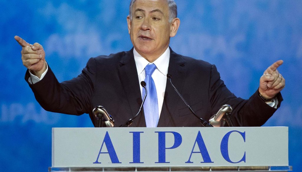 Israeli Prime Minister Benjamin Netanyahu gestures while speaking at the 2015 American Israel Public Affairs Committee Policy Conference in Washington, March 2, 2015. (AP Photo/Cliff Owen)