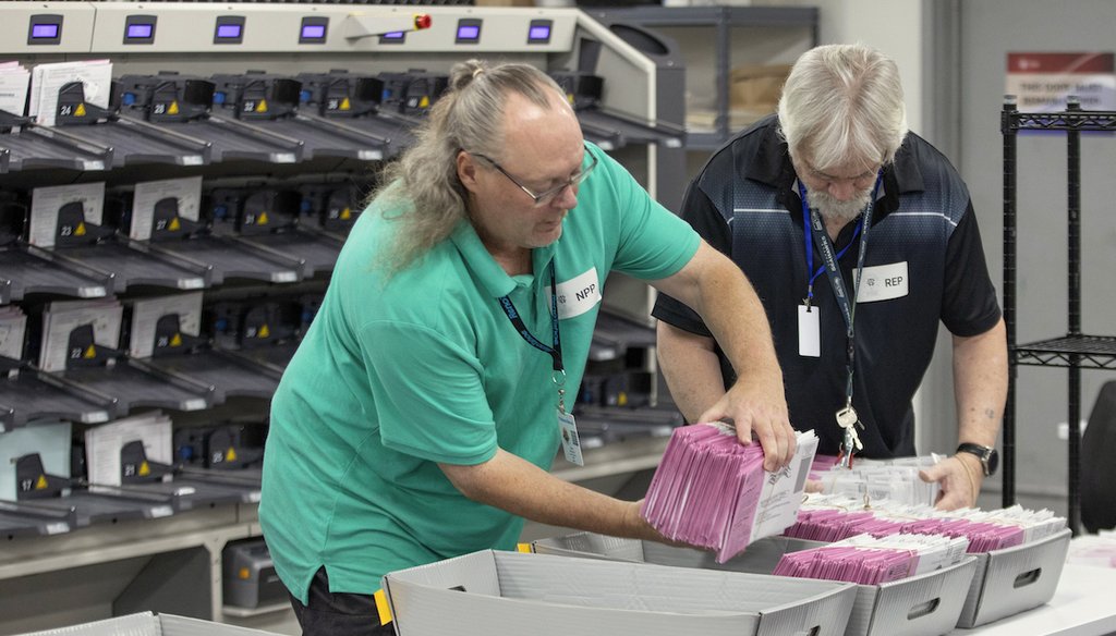 Washoe County election workers sort ballots at the Registrar of Voters Office in Reno, Nev., Oct. 29, 2024. (AP)