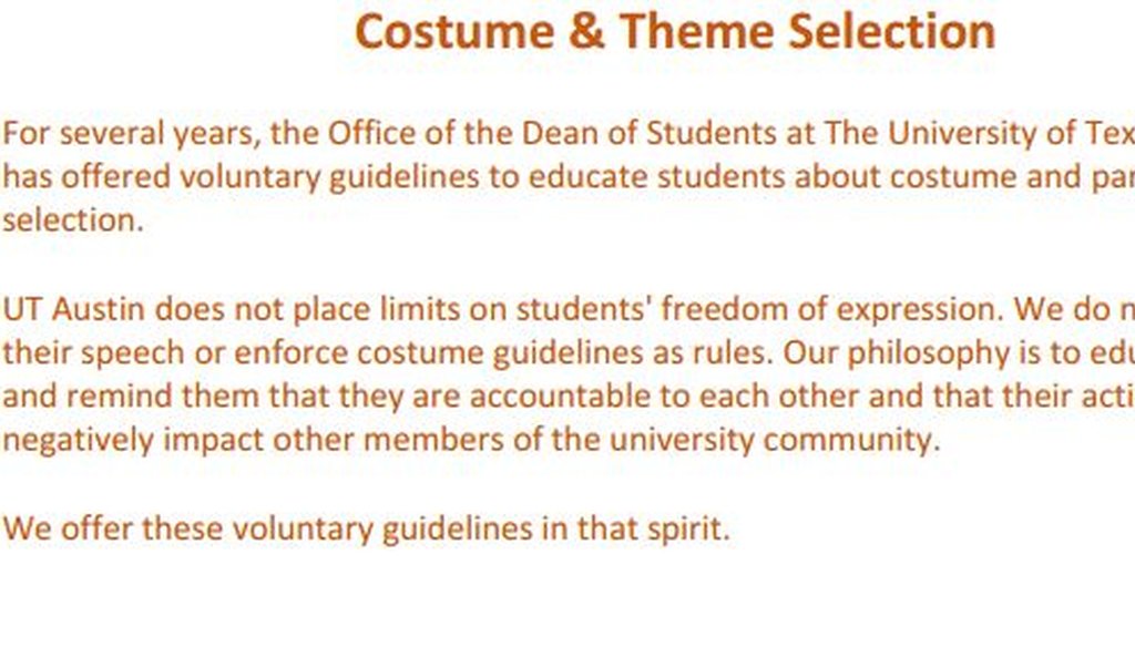 Here's the opening page of a three-page handout giving University of Texas students guidance on costumes and themes to select for Halloween 2016 and other events (received by email from J.B. Bird, UT-Austin).