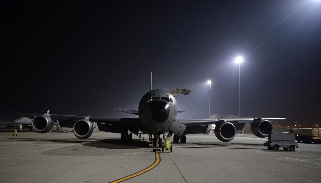 An Air Force KC-135 Stratotanker receives pre-flight checks before taking from a base to support U.S.-led airstrikes in Syria against the Islamic State. | U.S. Air Force handout photo via AP.
