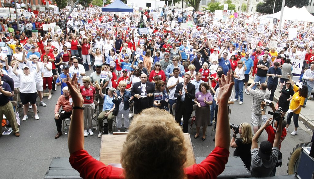 The New Jersey Education Association collects representation fees from nonmembers. Above, NJEA President Barbara Keshishian addresses a crowd during a May 2010 protest.