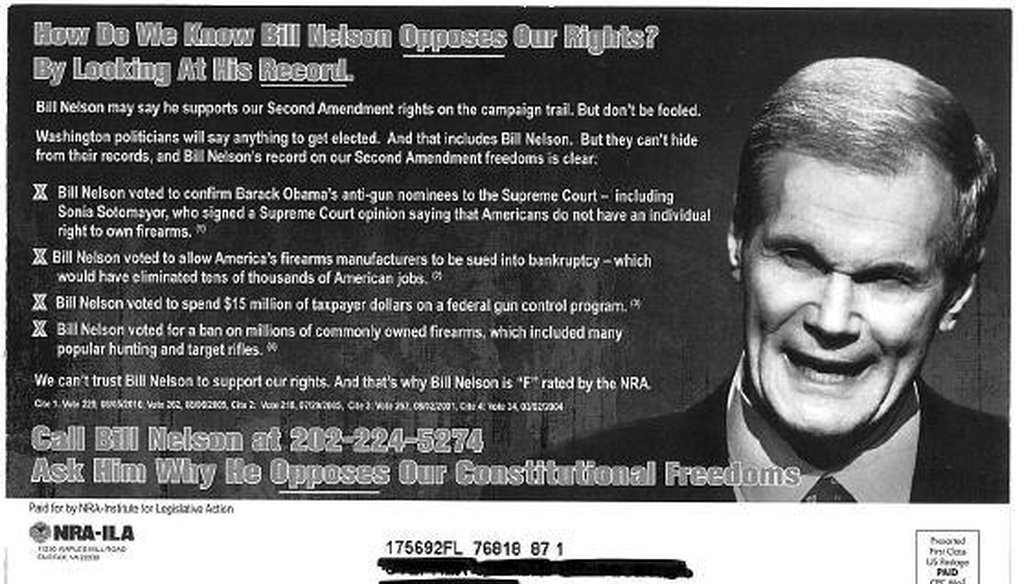 THE NRA goes after Sen. Bill Nelson's positions on guns in this mailer.