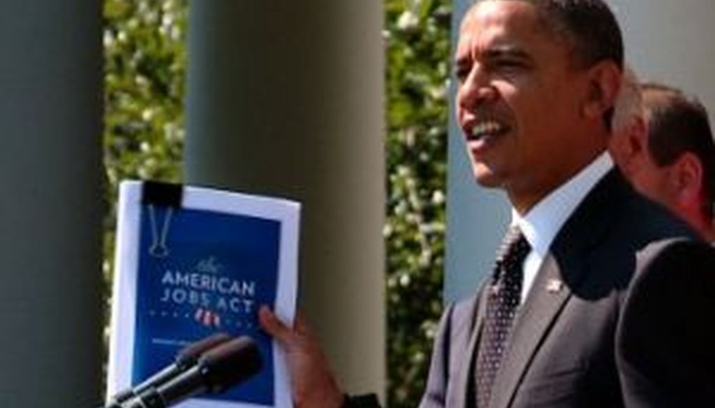 We've looked at three claims made recently about President Barack Obama's jobs bill, shown here in the binder clip.