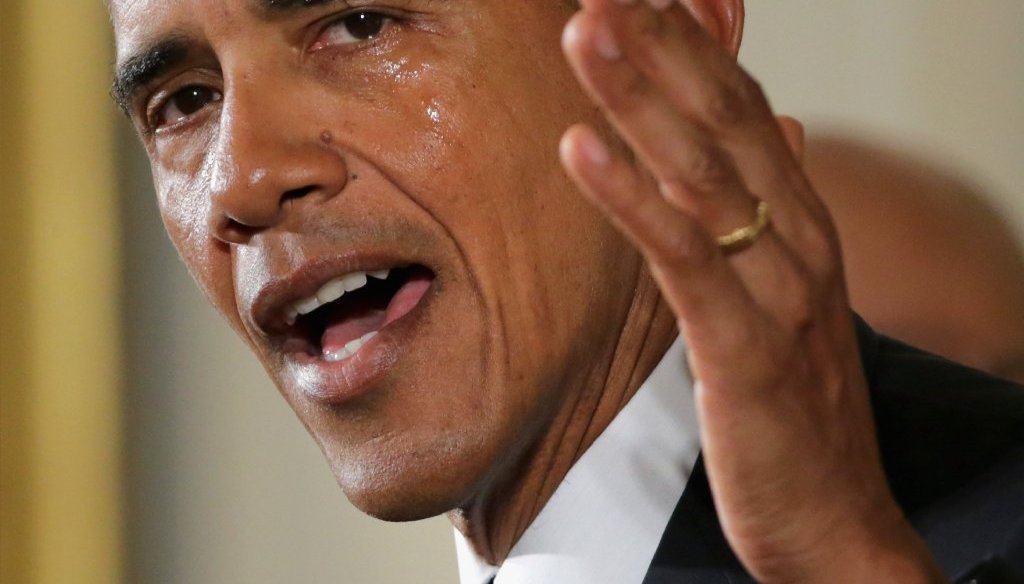 President Barack Obama sheds tears as he talks about the victims of the 2012 Sandy Hook Elementary School shooting during a press conference about his executive actions on federal gun control on Jan. 5, 2016, in Washington. (Getty Images)