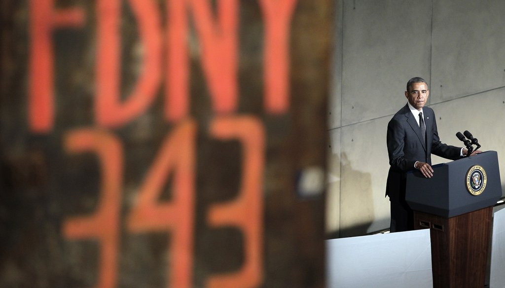 President Barack Obama gives remarks at the dedication ceremony for the National September 11 Memorial Hall and Museum, which opens to the public May 21. Getty photo.