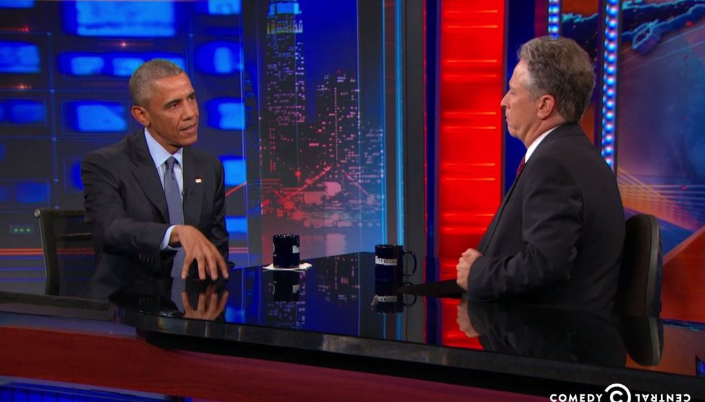 Jon Stewart interviews President Barack Obama on July 21, 2015, in what was the president's final interview with Stewart as the host of "The Daily Show." (Screenshot from Comedy Central video)