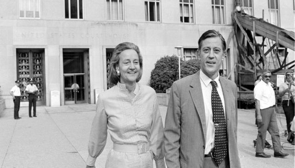 In this June 21, 1971 file photo, Washington Post Executive Director Ben Bradlee and Post Publisher Katharine Graham leave U.S. District Court in Washington (AP Photo, File).