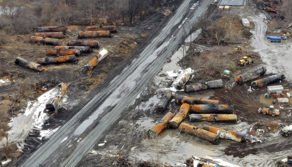 This photo taken with a drone Feb. 9, 2023, shows the cleanup of portions of a Norfolk Southern freight train that derailed in East Palestine, Ohio. (AP)