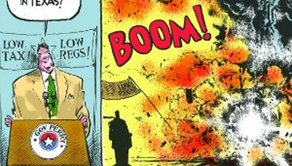 Editorial cartoonist Jack Ohman's depiction of Gov. Rick Perry and the explosion of a plant in West, Texas, appeared April 25, 2013 in California's Sacramento Bee.