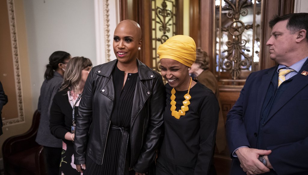 Rep. Ilhan Omar, D-Minn., second from right, and Rep. Ayanna Pressley, D-Mass., left, at the Capitol on May 11, 2022. (AP Photo/J. Scott Applewhite)