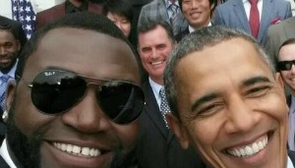 A claim about drone strikes and President Barack Obama, shown here with David Ortiz of the Boston Red Sox, touched off one of our readers' favorite fact checks in March (photo @davidortiz on Twitter).