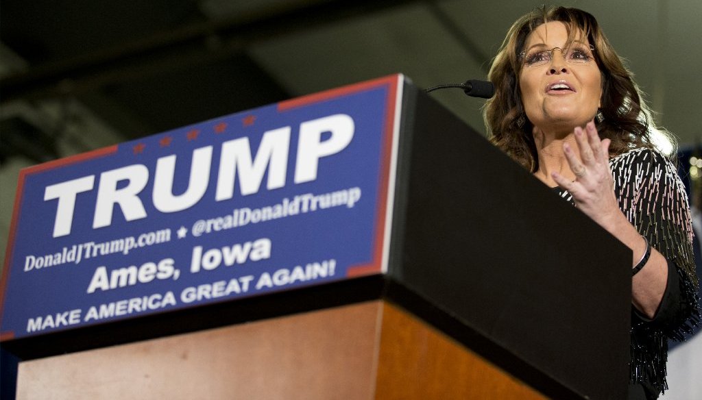 Former Alaska Gov. Sarah Palin during a January 2016 presidential campaign rally for Donald Trump. (AP photo)