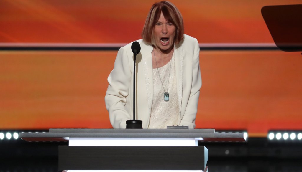 Pat Smith, mother of Sean Smith, a U.S. information management officer who died in the attack on the U.S. Embassy in Benghazi, speaks on the first day of the Republican National Convention, at the Quicken Loans Arena in Cleveland, July 18, 2016. (NYT)