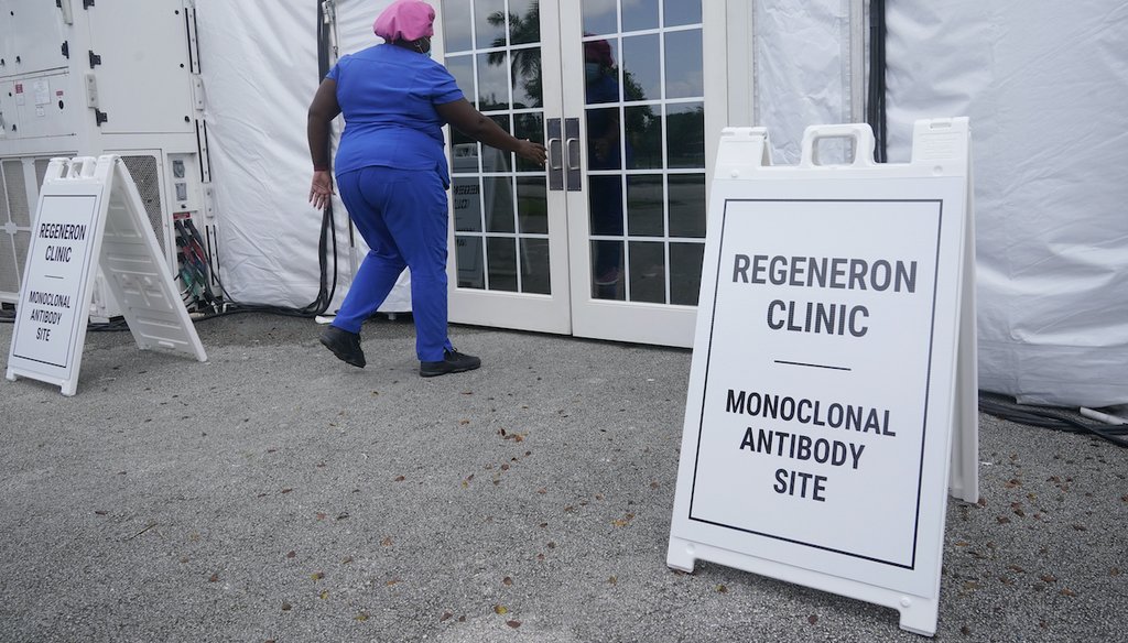 A nurse enters a monoclonal antibody site, Aug. 18, 2021, at C.B. Smith Park in Pembroke Pines. Numerous sites are open around the state offering monoclonal antibody treatment sold by Regeneron to people who have tested positive for COVID-19. (AP)