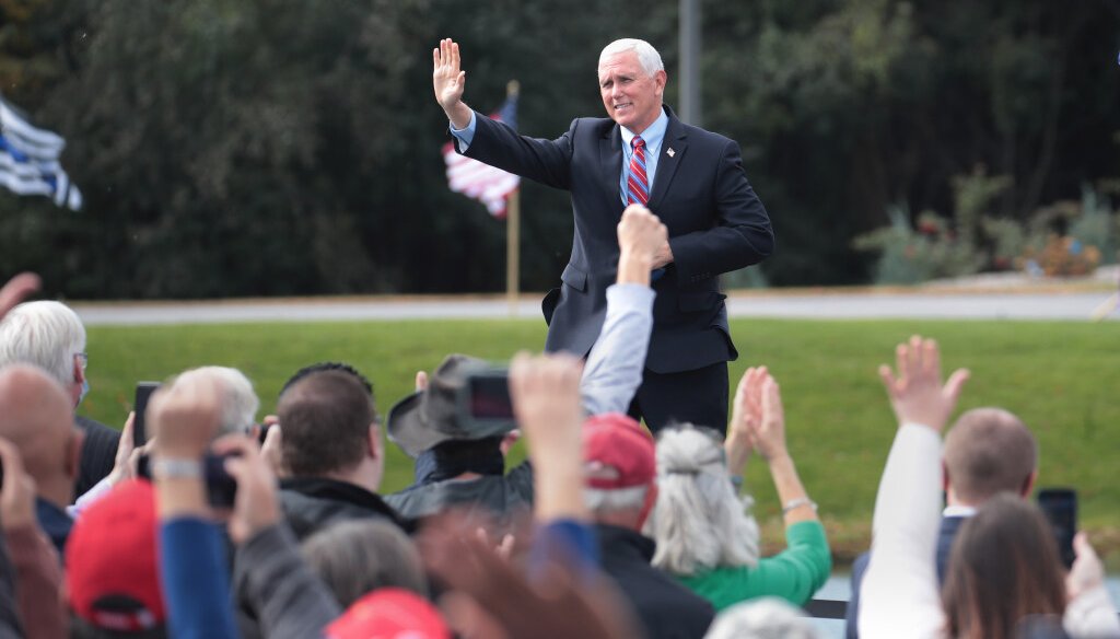 Vice President Mike Pence arrives for a rally at Weldall Manufacturing on October 13, 2020 in Waukesha  (Photo by Scott Olson/Getty Images)