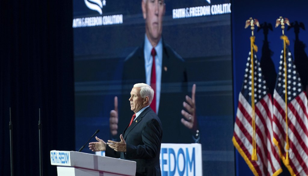 Republican presidential candidate former Vice President Mike Pence speaks during the Faith and Freedom Coalition Policy Conference in Washington, Friday, June 23, 2023. (AP)