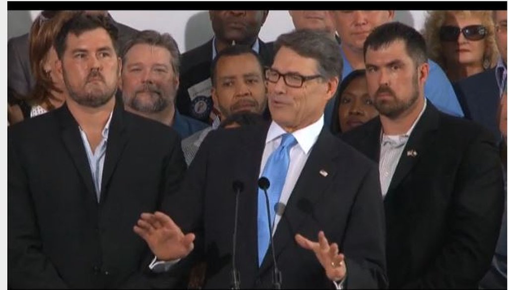 Former Gov. Rick Perry announces his fresh bid for president near Dallas June 4, 2015 (Screen grab of CBS News video feed).
