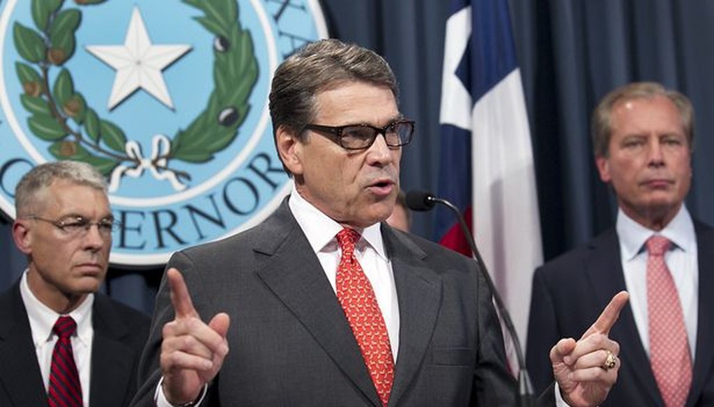 Rick Perry, shown here sending National Guard troops toward the Texas-Mexico border in July 2014, often makes flawed claims about the border (Ralph Barrera, Austin American-Statesman)