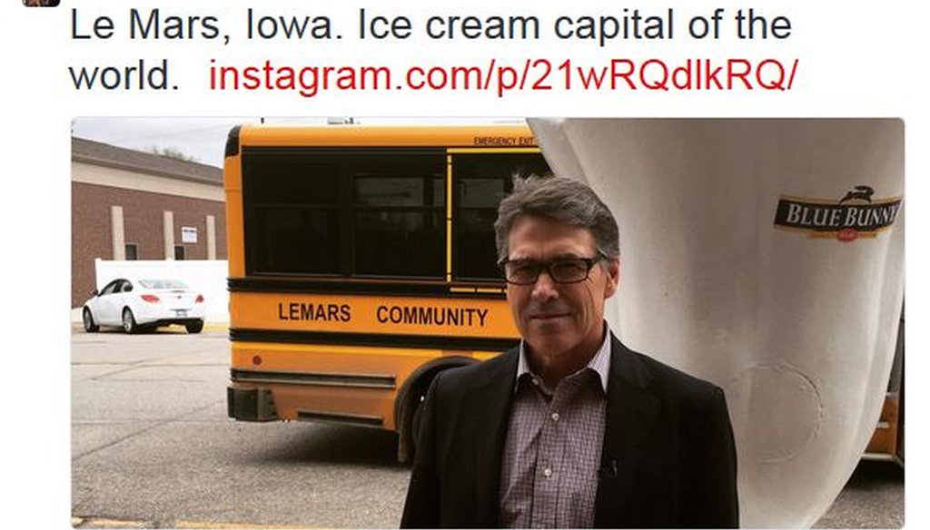Rick Perry went to Le Mars (Iowa, that is) where he paused May 18, 2015, to pose for this tweeted photo (@GovernorPerry on Twitter).
