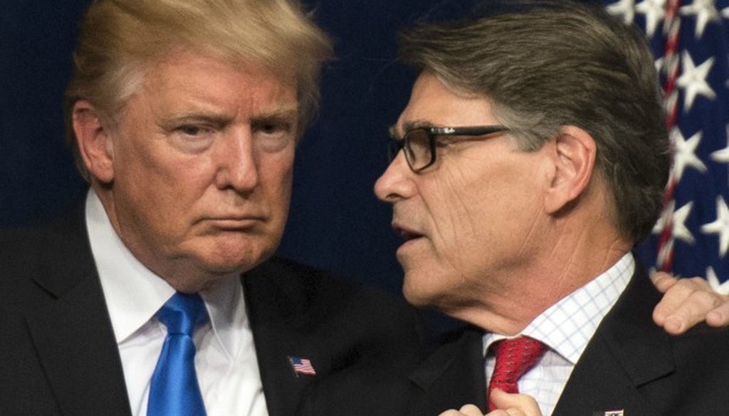 US Energy Secretary Rick Perry, shown here with President Donald Trump June 29, 2017, made a claim about France refusing Texas beef but embracing nuclear power (Photo, Kevin Dietsch-Pool/Getty Images).