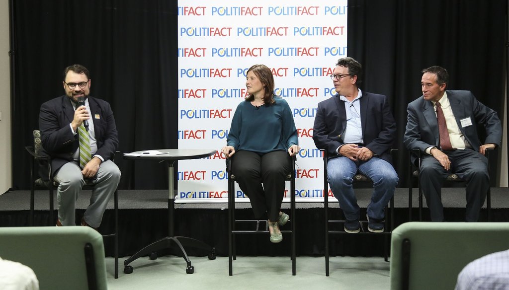 (from left to right) Aaron Sharockman, Politifact Executive Director introduces a panel featuring Angie Holan, Politifact Editor, PolitiFact founder Bill Adair and Tampa Bay Times Editor Neil Brown at the Poynter Institute on August 22, 2017. (Times)