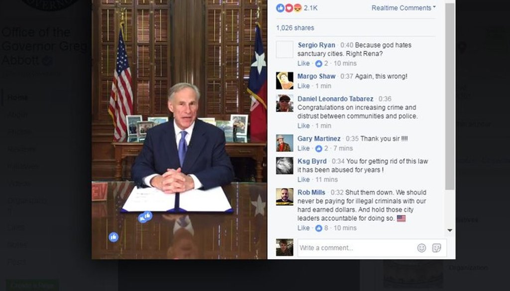 Gov. Greg Abbott made a claim about Travis County's sheriff as he prepared to sign Senate Bill 4 into law during a Facebook Live presentation May 7, 2017 (screenshot).